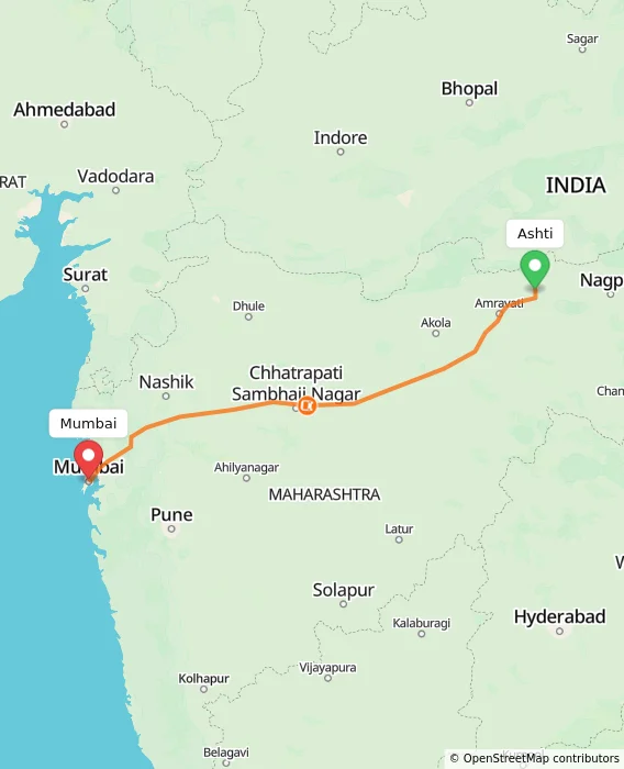 Route map showing distance and travel time from Ashti, India to Mumbai, India