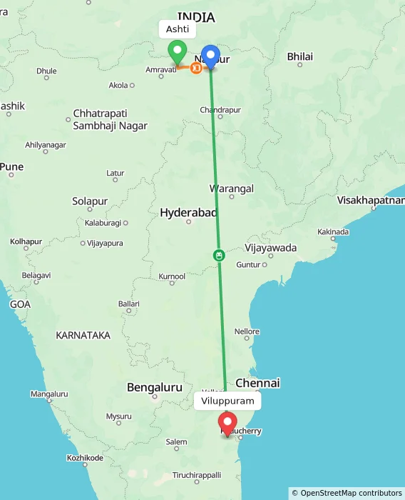 Route map showing distance and travel time from Ashti, India to Viluppuram, India