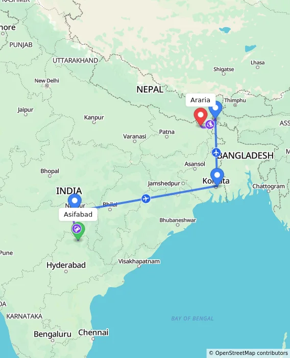 Route map showing distance and travel time from Asifabad, India to Araria, India