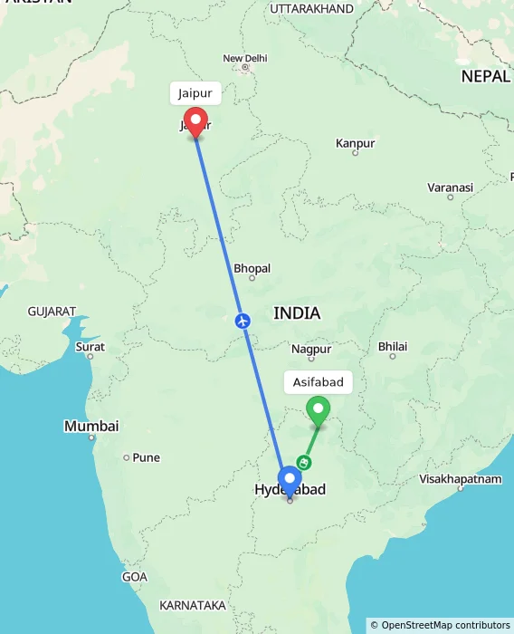 Route map showing distance and travel time from Asifabad, India to Jaipur, India