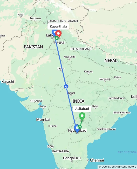 Route map showing distance and travel time from Asifabad, India to Kapurthala, India