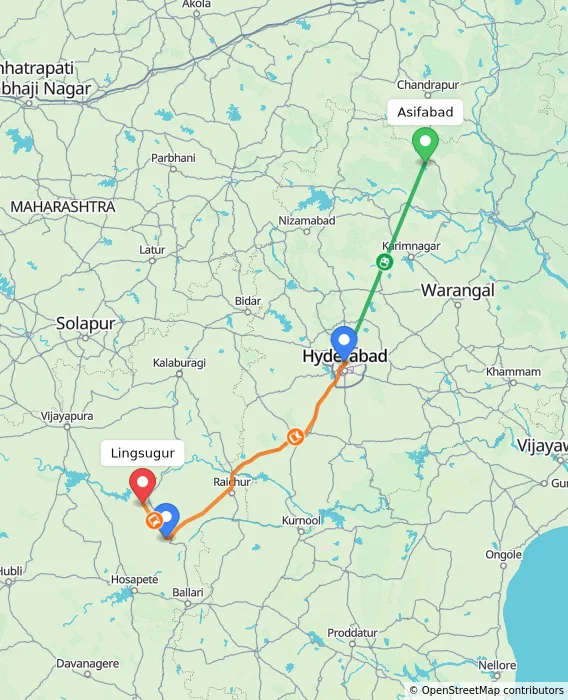 Route map showing distance and travel time from Asifabad, India to Lingsugur, India