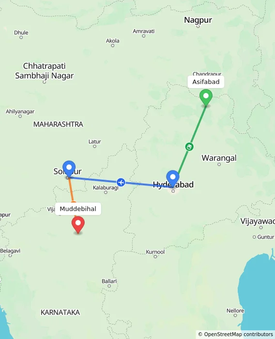 Route map showing distance and travel time from Asifabad, India to Muddebihal, India