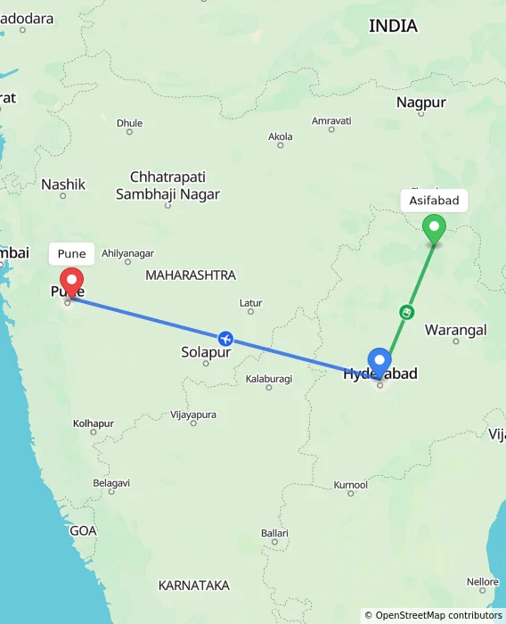 Route map showing distance and travel time from Asifabad, India to Pune, India