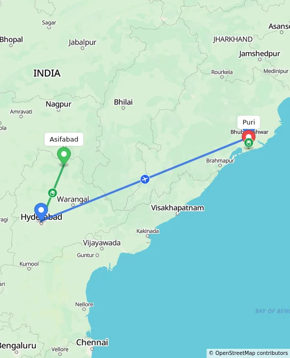 Route map showing distance and travel time from Asifabad, India to Puri, India
