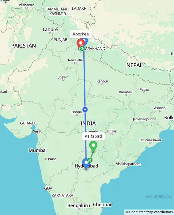 Route map showing distance and travel time from Asifabad, India to Roorkee, India