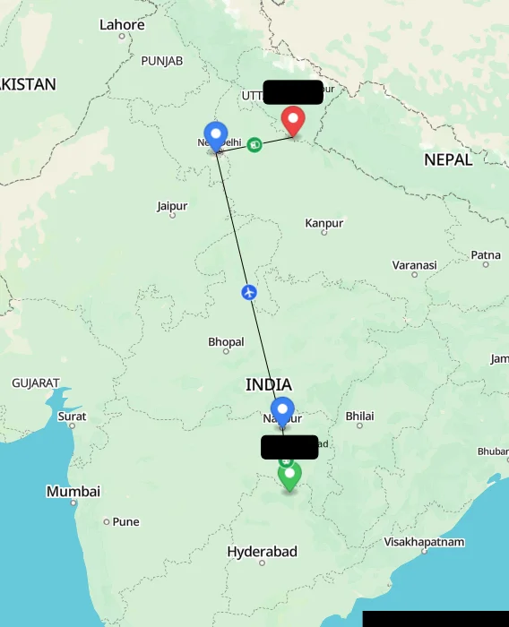 Route map showing distance and travel time from Asifabad, India to Rudrapur, India