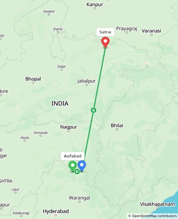 Route map showing distance and travel time from Asifabad, India to Satna, India