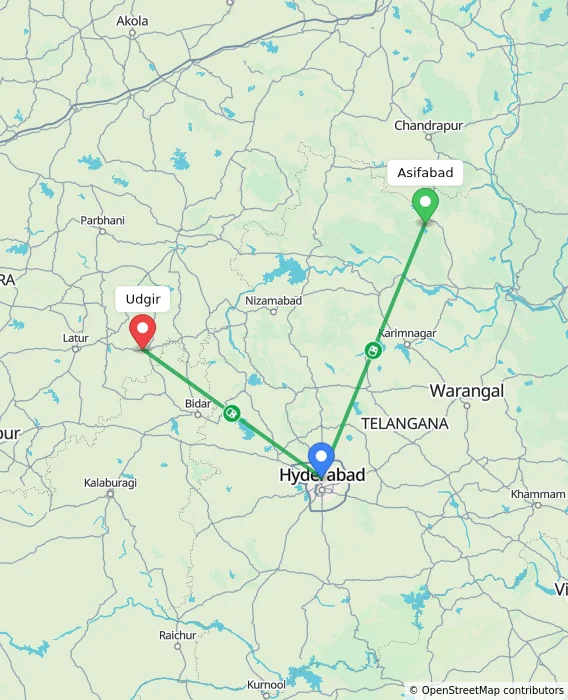 Route map showing distance and travel time from Asifabad, India to Udgir, India