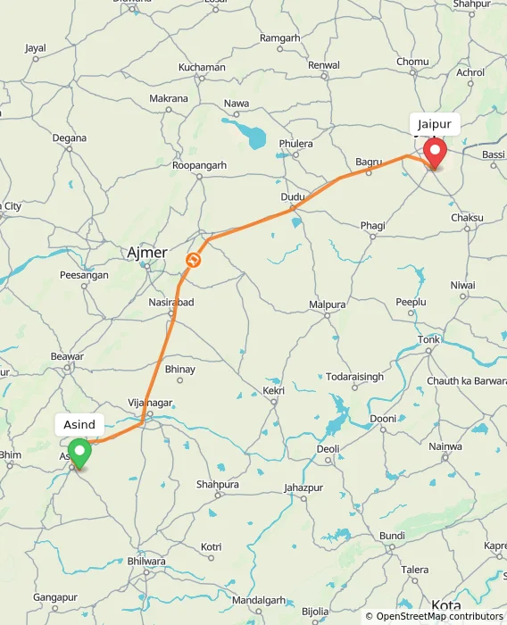 Route map showing distance and travel time from Asind, India to Jaipur, India