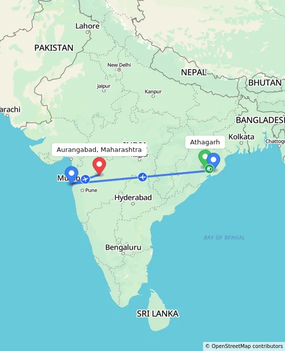 Route map showing distance and travel time from Athagarh, India to Aurangabad, Maharashtra, India