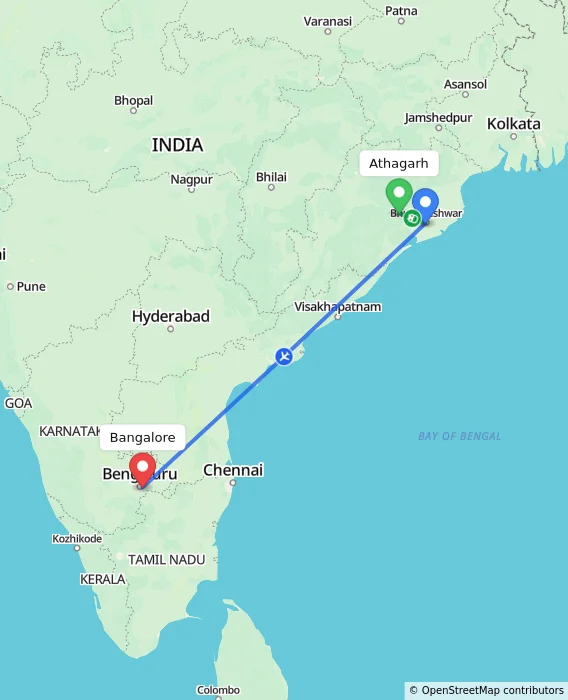 Route map showing distance and travel time from Athagarh, India to Bangalore, India