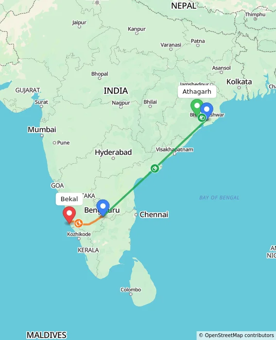 Route map showing distance and travel time from Athagarh, India to Bekal, India