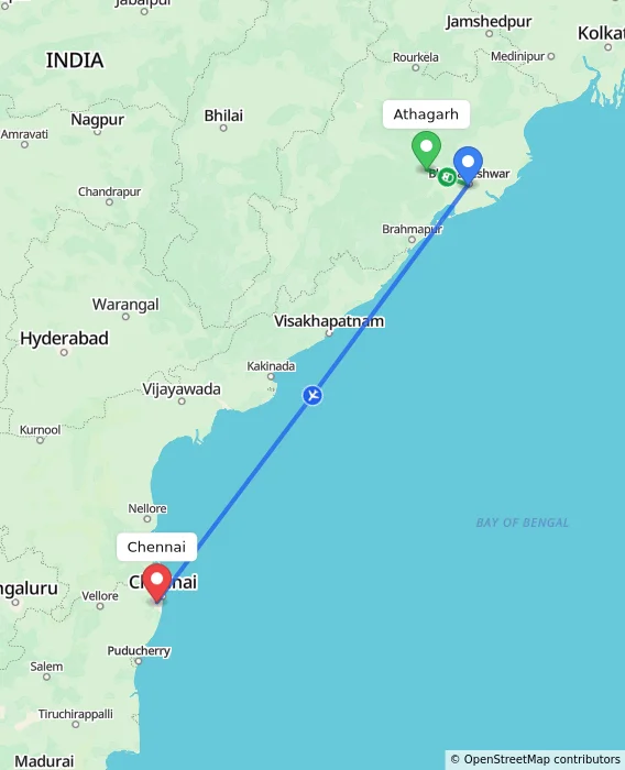 Route map showing distance and travel time from Athagarh, India to Chennai, India