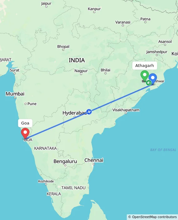 Route map showing distance and travel time from Athagarh, India to Goa, India