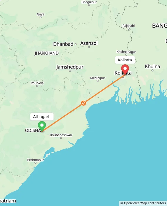 Route map showing distance and travel time from Athagarh, India to Kolkata, India