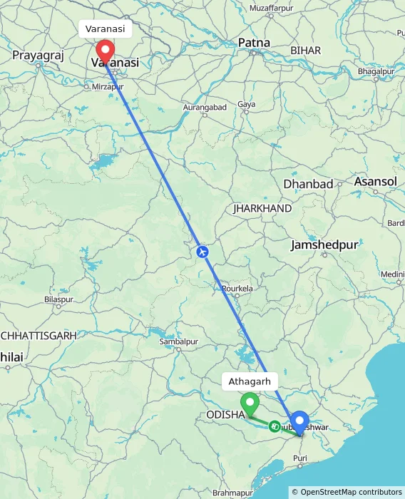 Route map showing distance and travel time from Athagarh, India to Varanasi, India