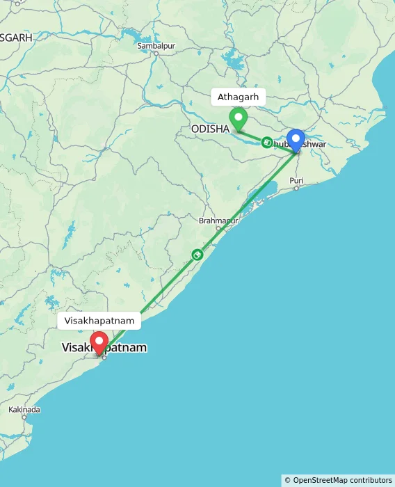 Route map showing distance and travel time from Athagarh, India to Visakhapatnam, India