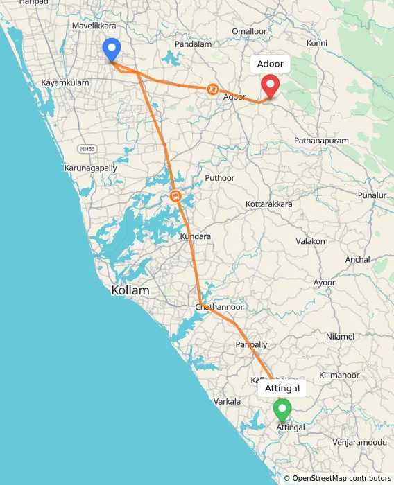 Route map showing distance and travel time from Attingal, India to Adoor, India