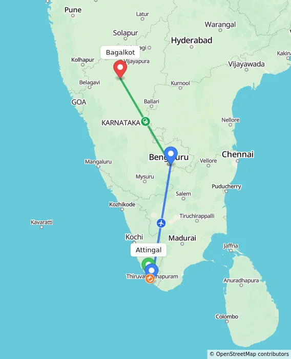 Route map showing distance and travel time from Attingal, India to Bagalkot, India