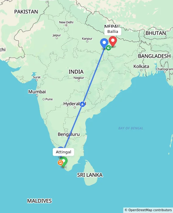 Route map showing distance and travel time from Attingal, India to Ballia, India