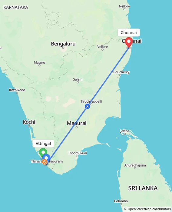 Route map showing distance and travel time from Attingal, India to Chennai, India