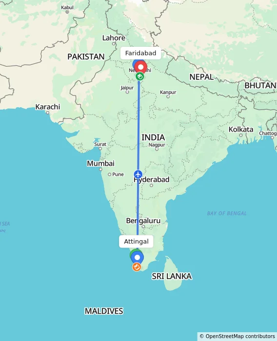 Route map showing distance and travel time from Attingal, India to Faridabad, India