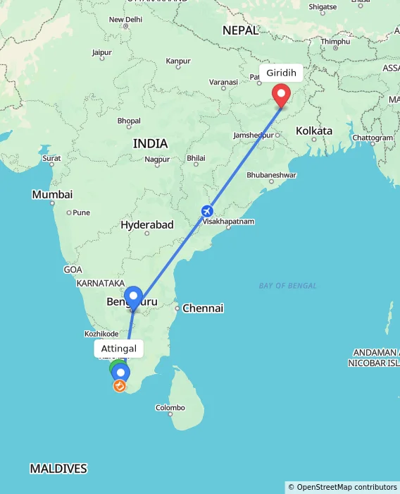 Route map showing distance and travel time from Attingal, India to Giridih, India