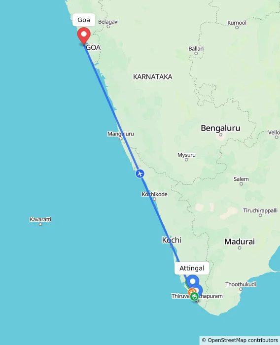 Route map showing distance and travel time from Attingal, India to Goa, India