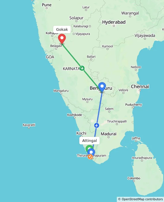 Route map showing distance and travel time from Attingal, India to Gokak, India