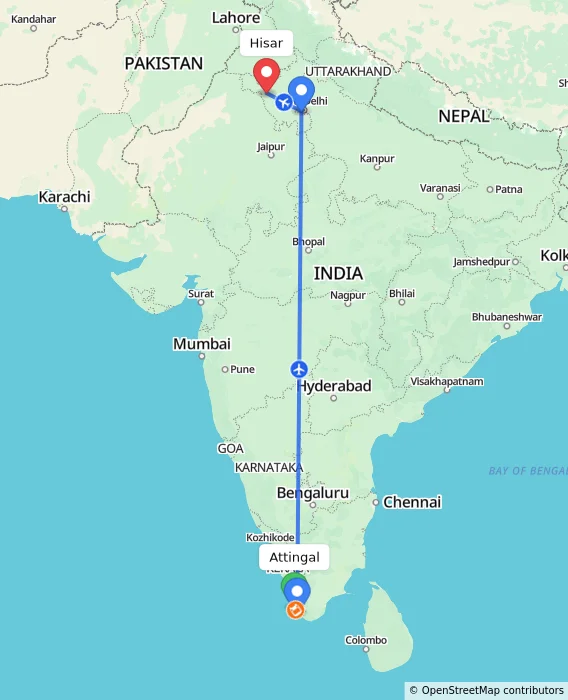 Route map showing distance and travel time from Attingal, India to Hisar, India