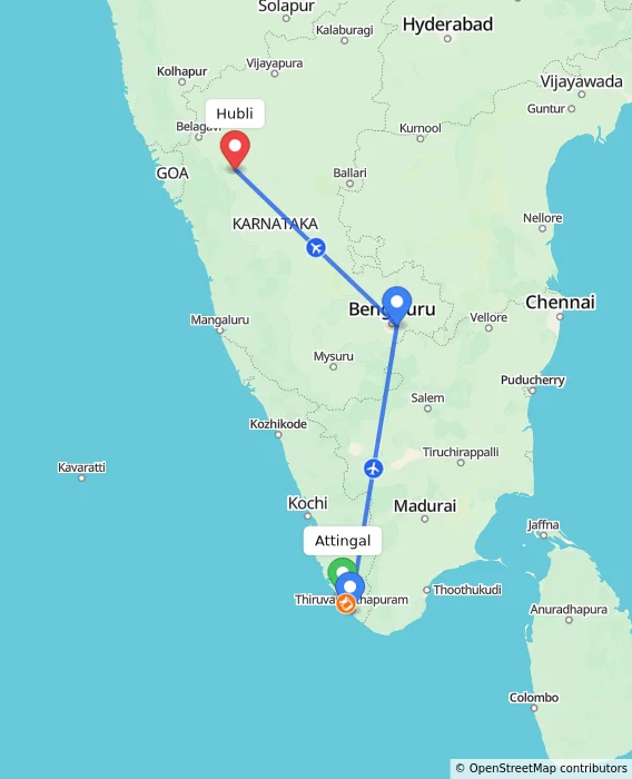 Route map showing distance and travel time from Attingal, India to Hubli, India