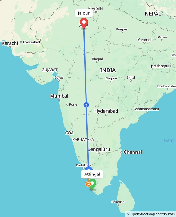 Route map showing distance and travel time from Attingal, India to Jaipur, India