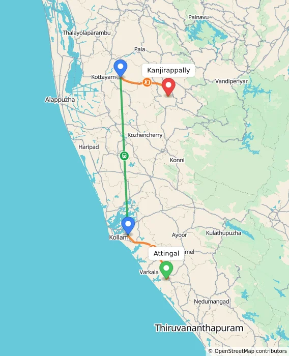 Route map showing distance and travel time from Attingal, India to Kanjirappally, India
