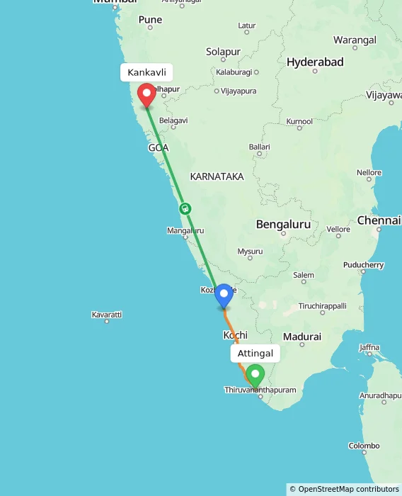 Route map showing distance and travel time from Attingal, India to Kankavli, India
