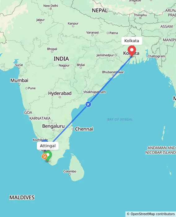 Route map showing distance and travel time from Attingal, India to Kolkata, India
