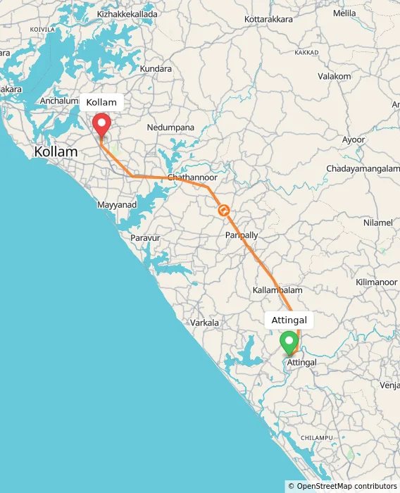 Route map showing distance and travel time from Attingal, India to Kollam, India