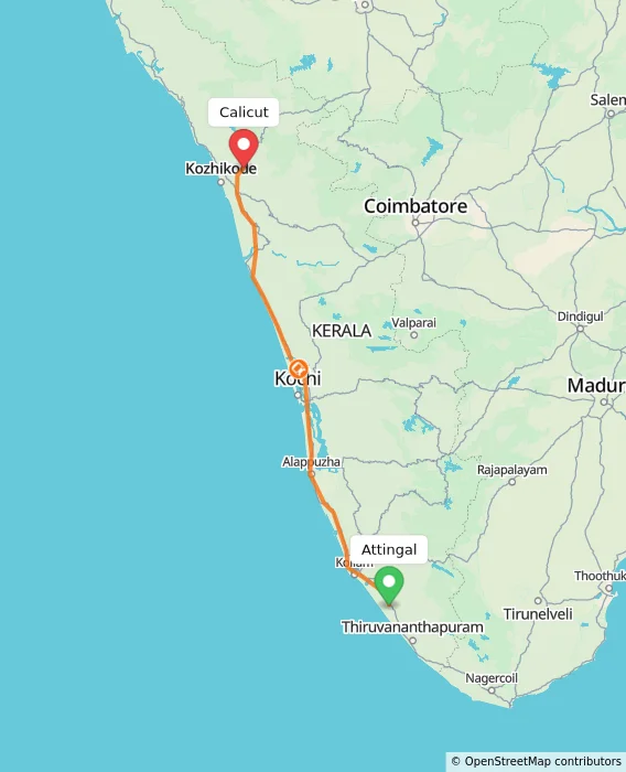 Route map showing distance and travel time from Attingal, India to Kozhikode, India