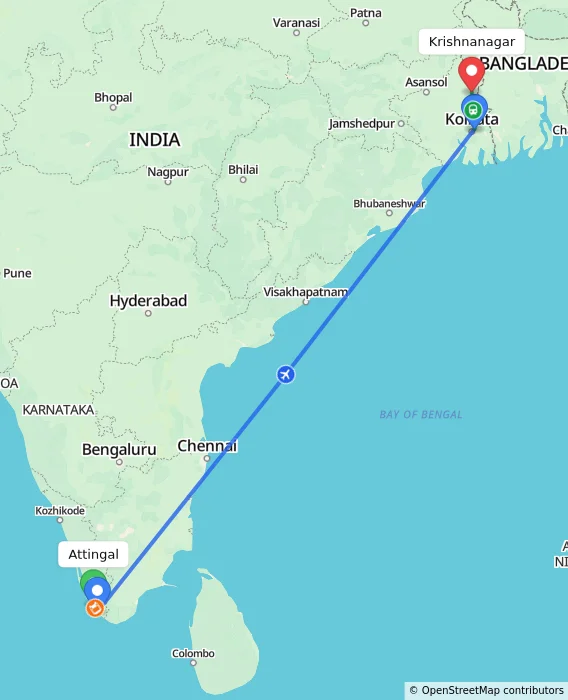 Route map showing distance and travel time from Attingal, India to Krishnanagar, India