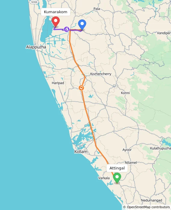 Route map showing distance and travel time from Attingal, India to Kumarakom, India