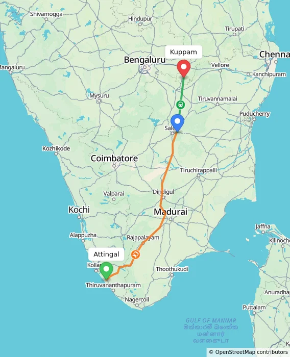 Route map showing distance and travel time from Attingal, India to Kuppam, India