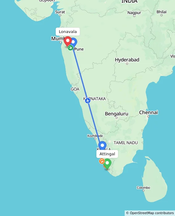 Route map showing distance and travel time from Attingal, India to Lonavala, India