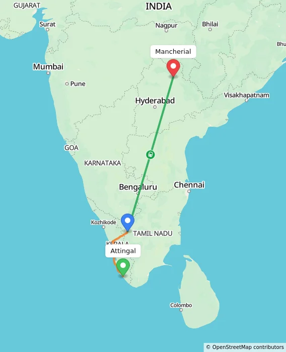 Route map showing distance and travel time from Attingal, India to Mancherial, India