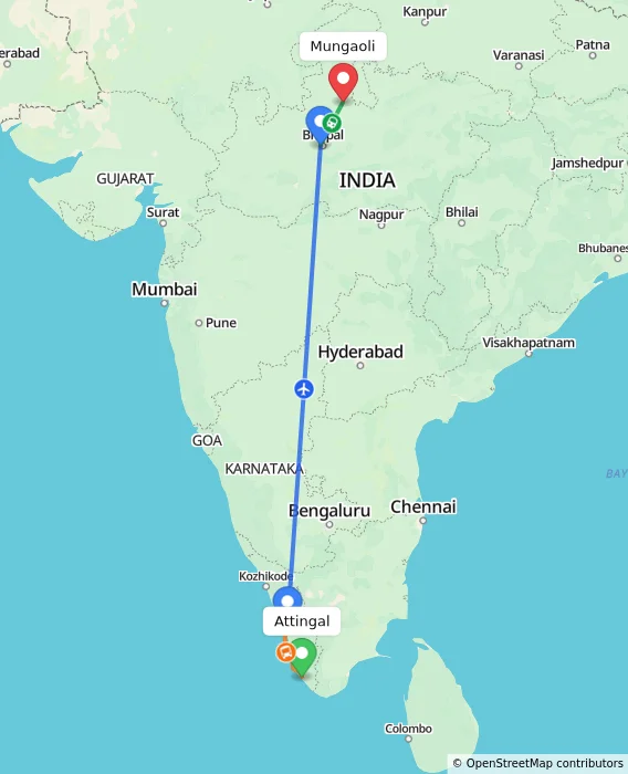 Route map showing distance and travel time from Attingal, India to Mungaoli, India