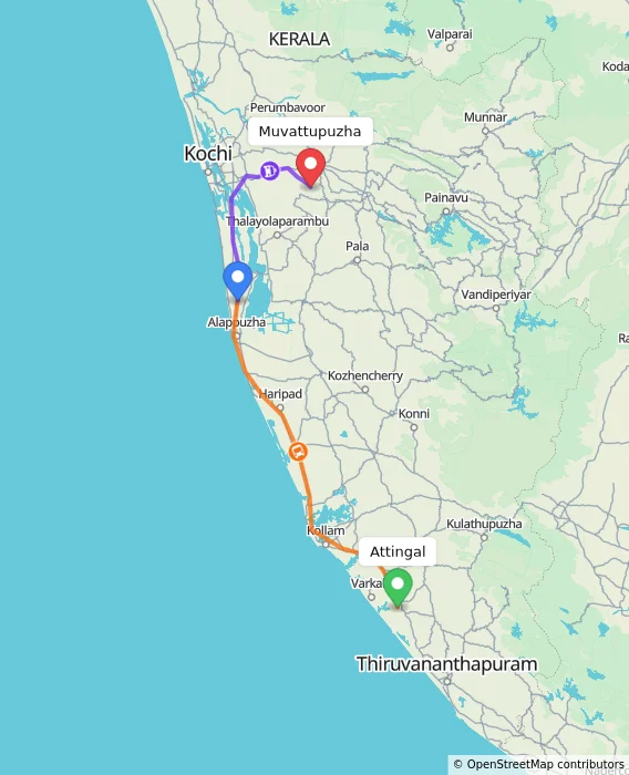 Route map showing distance and travel time from Attingal, India to Muvattupuzha, India