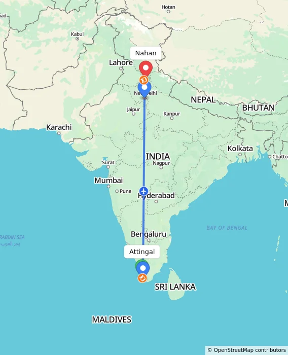Route map showing distance and travel time from Attingal, India to Nahan, India