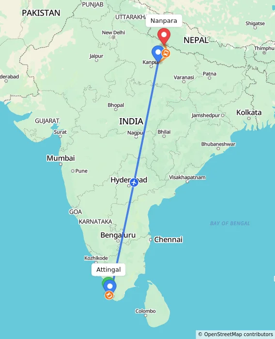Route map showing distance and travel time from Attingal, India to Nanpara, India