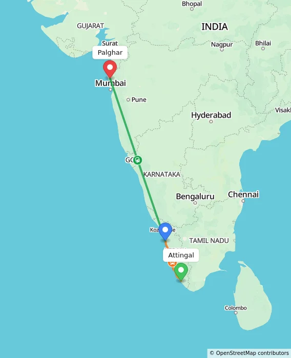 Route map showing distance and travel time from Attingal, India to Palghar, India