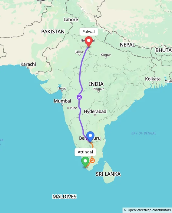 Route map showing distance and travel time from Attingal, India to Palwal, India