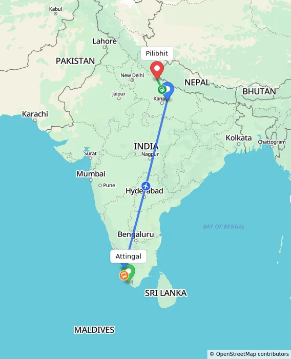 Route map showing distance and travel time from Attingal, India to Pilibhit, India